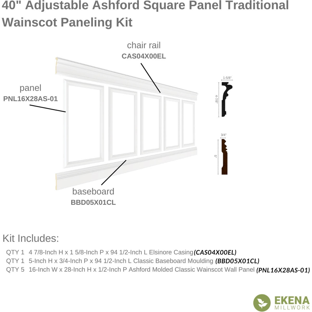 Ekena millwork 94 1/2"L (Adjustable 40"H to 44"H) Ashford Square Panel Traditional Wainscot Paneling Kit
