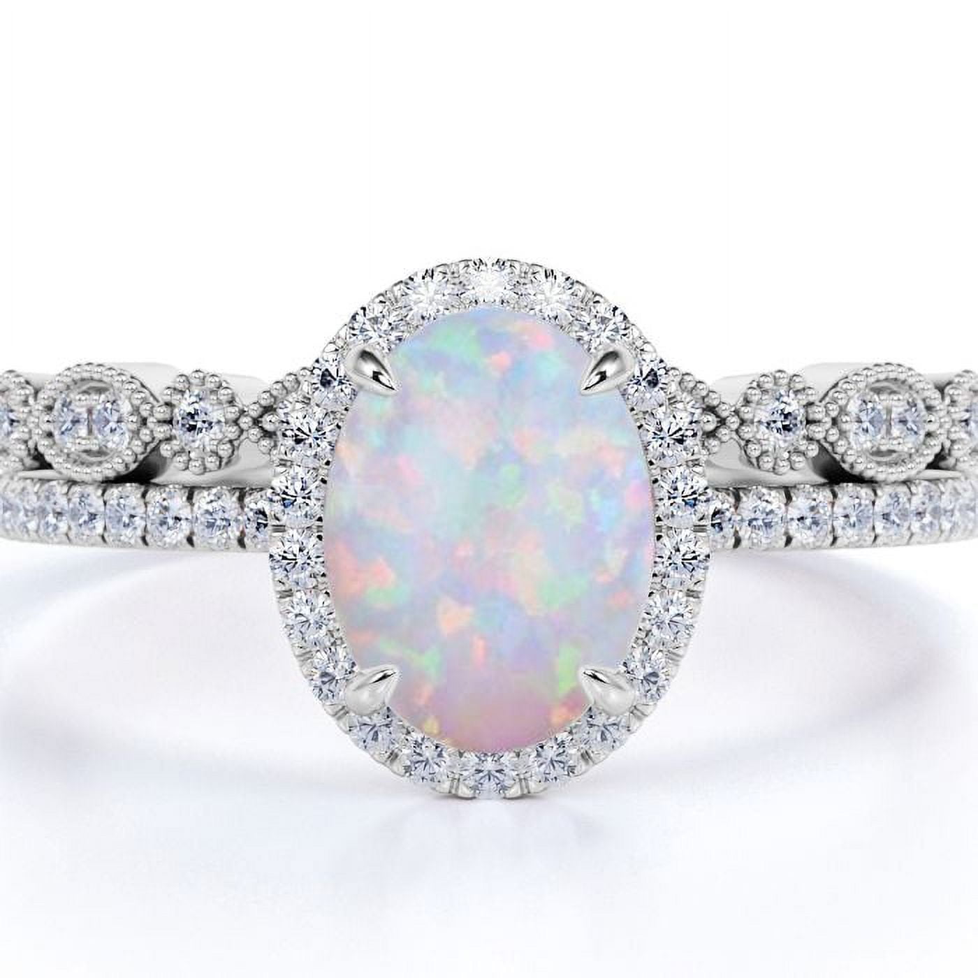 JeenMata 1.75 ct Vintage Oval Cut Opal and Moissanite Wedding Ring Set in 18K White Gold over Silver