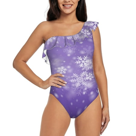 Lukts Snowfall Sky White Purple Women One Piece Swimsuits Tummy Control One Shoulder Bathing Suits Ruffle Swimwear-XX-Large