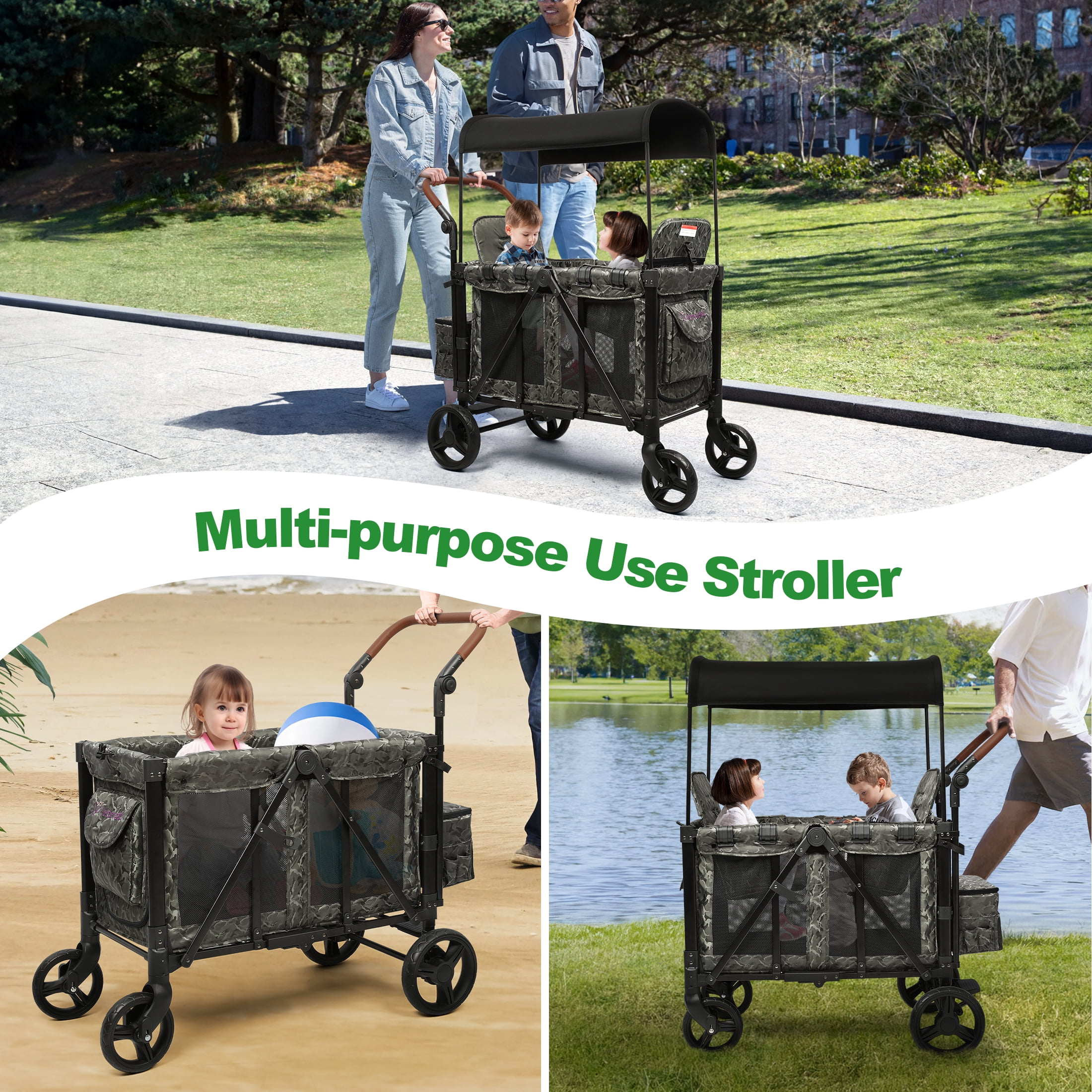 Vomeast Wagon Stroller for 2 Kids, 3-in-1 Stroller Wagon with Canopy, 5-Point Harness, Adjustable Handlebars, Removable Seat for Toddlers, Camo Green