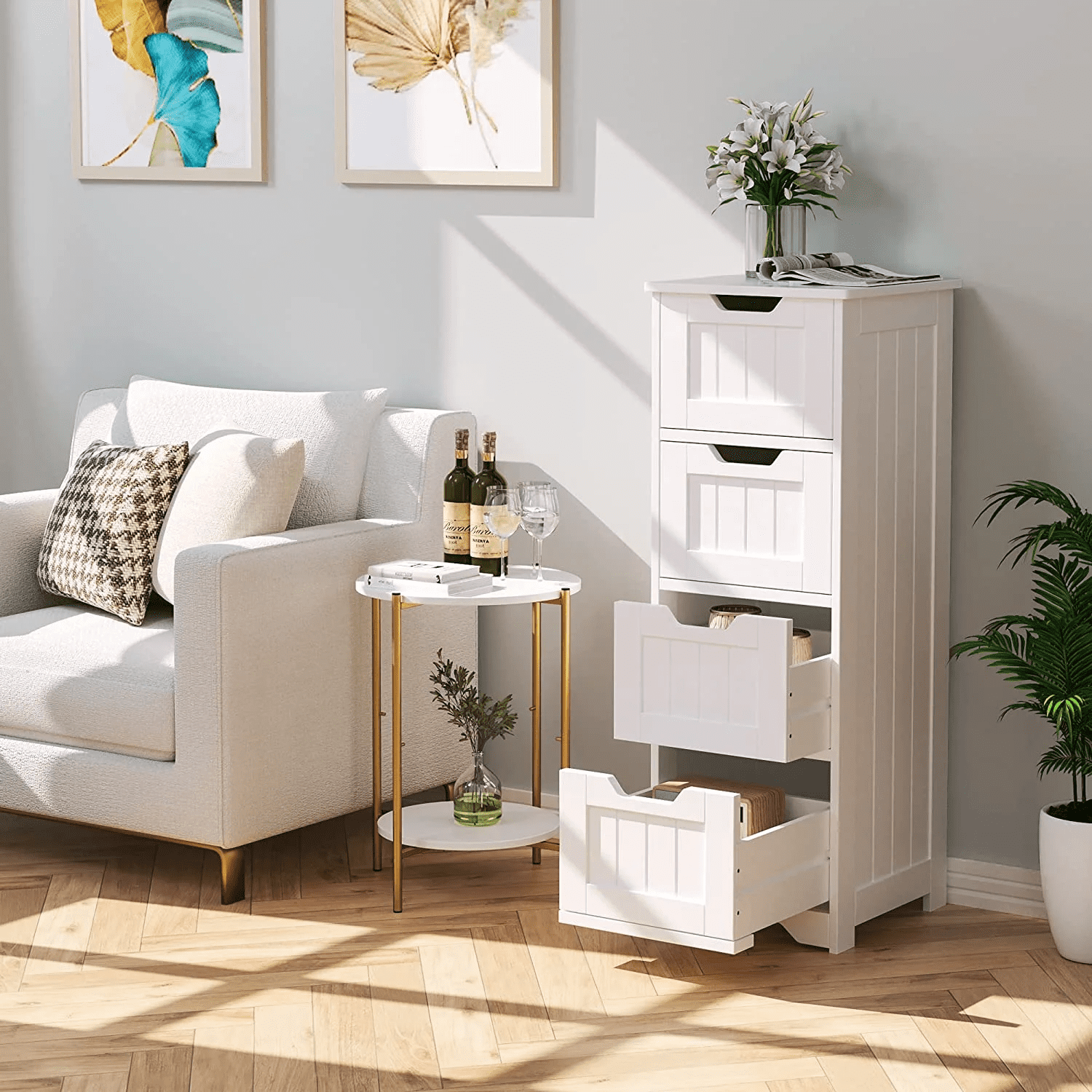 Homfa Bathroom Storage Cabinet, Free Standing Narrow Cabinet with 4 Drawers Entryway Storage Organizer for Living Room Bedroom, White