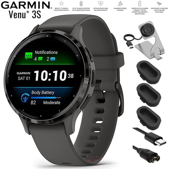 Garmin 010-02785-00 Venu 3S Health Fitness GPS Smartwatch Steel Bezel with Pebble Gray Case 41mm Bundle with Charging Dock, Silicone Dust Cover 3 Pack and USB Type C Charging and Sync Cable