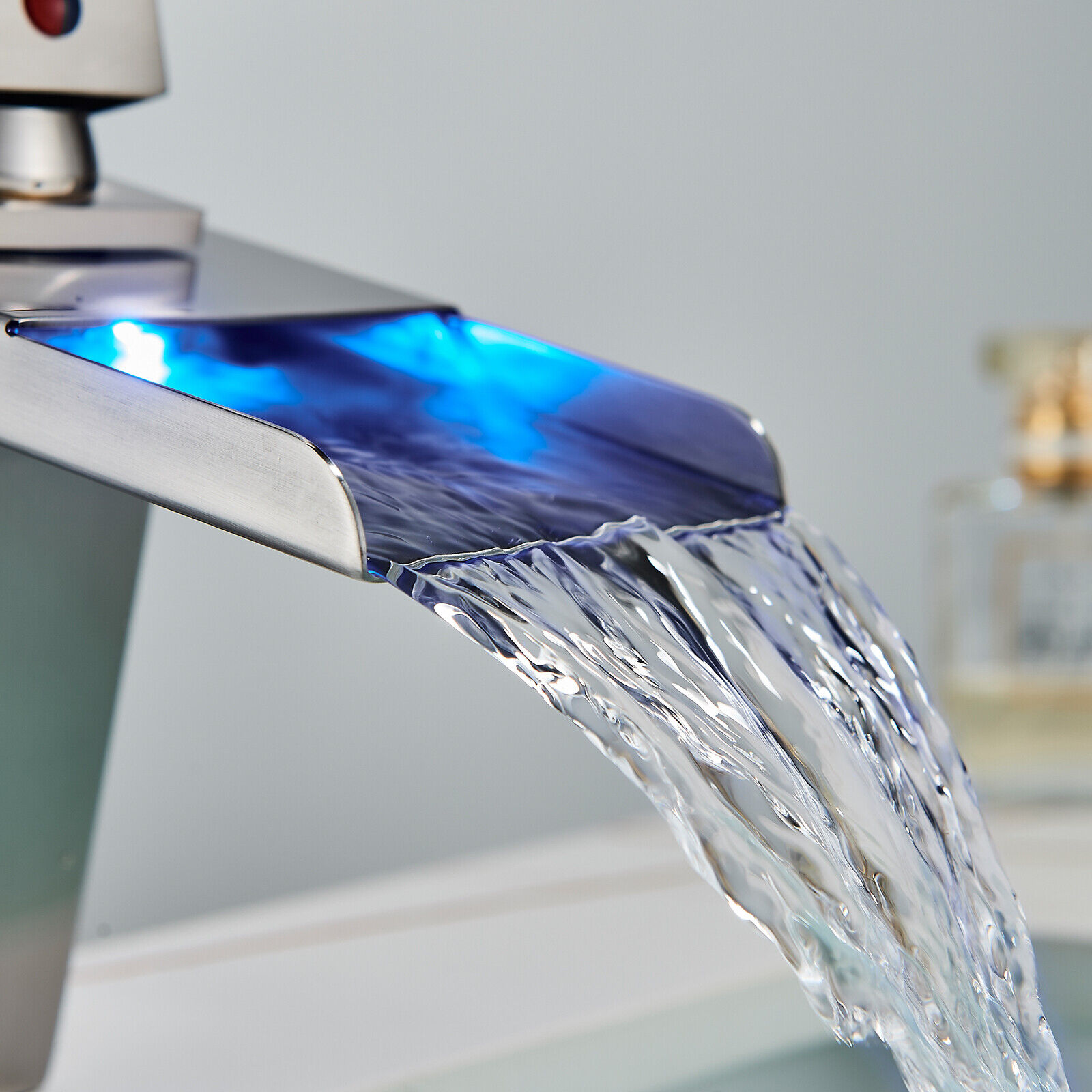 Zovajonia LED Waterfall Bathroom Faucet Brushed Nickel Single Handle Basin Sink Mixer Tap