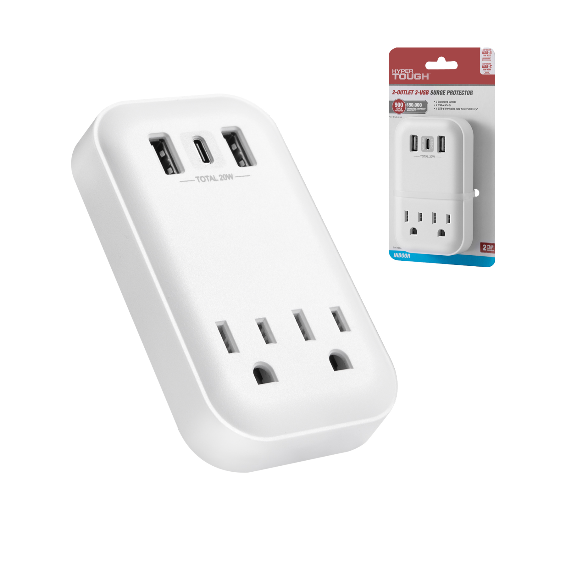 Hyper Tough USB Outlet Extender, 900J Surge Protector, 2 Outlet Splitter with USB-A & USB-C, White