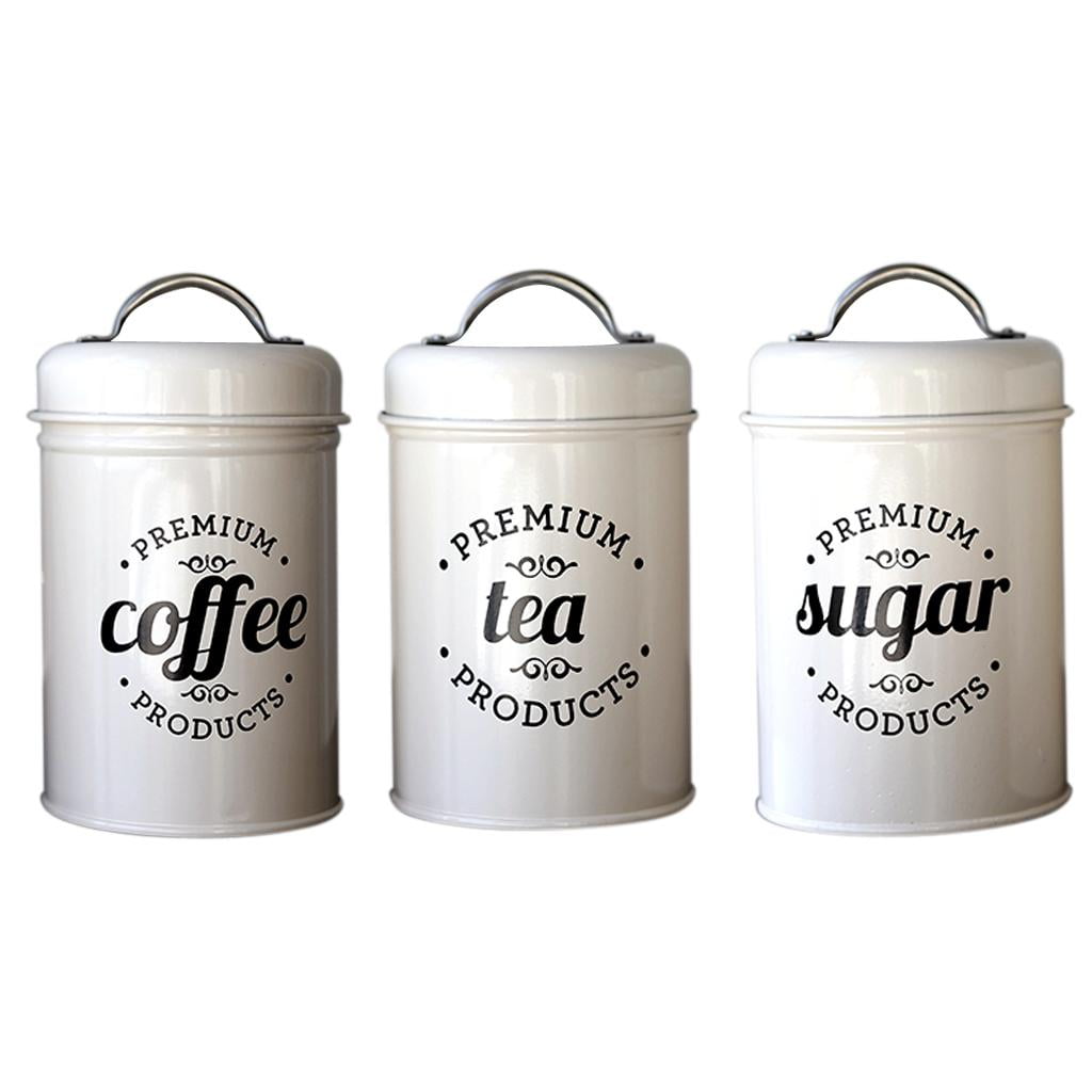 4 x Tea Coffee Sugar Food Storage Canister Tin Handle Storage Tin Vintage Retro 