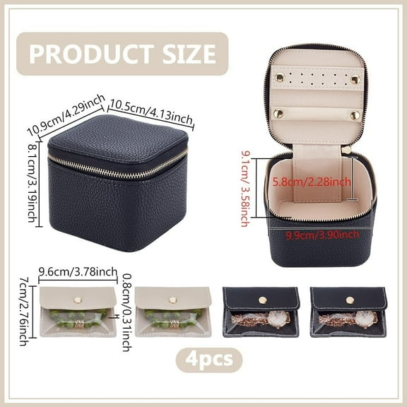Travel Jewelry Box with 4 Pcs Insert Bags Imitation Leather Portable Jewelry Organizer Storage Case for Earrings Rings Necklaces Bracelets Black 4.3x4.1x3.2 Inch