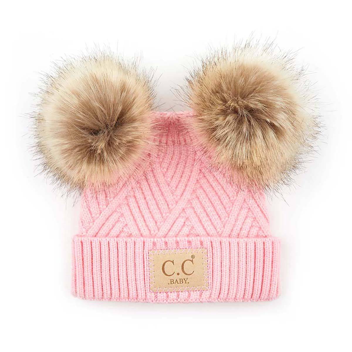 CC Baby Double Pom Winter Beanie - Criss-Cross Pattern, Fits Newborn to 9 Months, Soft & Cozy Baby Hat with Plush Pom, Authentic CC Brand - Soft, Warm Hats for Babies and Toddlers - Cozy Winter Wear