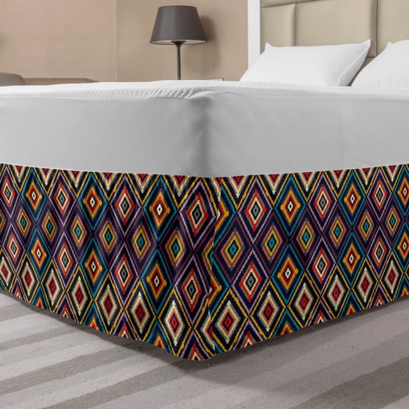 Abstract Bed Skirt, Geometric Illustration Along Colorful Concentric Wavy Squares on Blue Background, Elastic Bedskirt Dust Ruffle Wrap Around for Bedding Decor, 4 Sizes, Multicolor, by Ambesonne