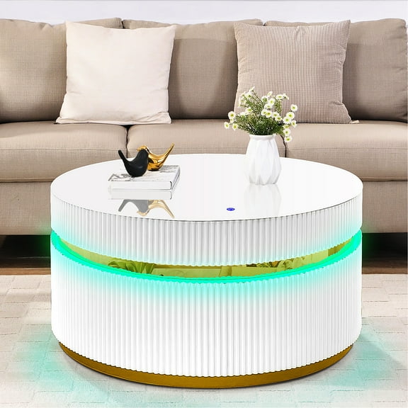 Coffee Table With Glass, 39" Round White Led, 4 Colours Modes, Enchanting Base, Appealing Gold Brim Glass Top And Version, Alternatives, Elegant Shining