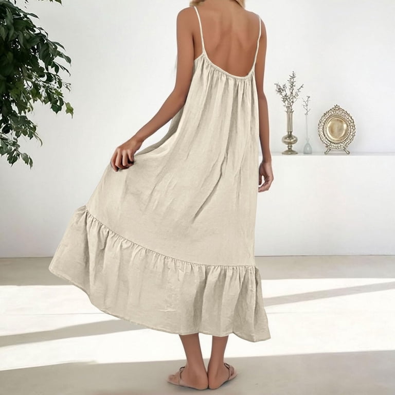 beige beach dress ZHYou Womens Maxi Dresses with Spaghetti Strap Casual Baggy Cotton Linen Pleated Bodice Ruffle Hem Summer S Crochet dress
