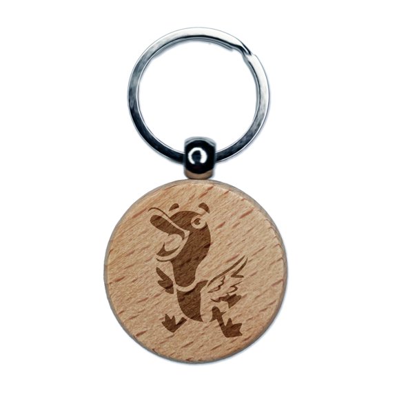 Excited and Happy Mallard Duck Cartoon Round Keychain Charm Tag - Engraved Wood