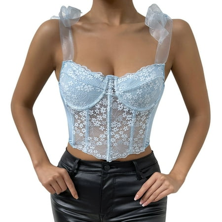 

BIZIZA Women Bra Floral Lace Sexy Vest Strappy Crop Top Light Blue S