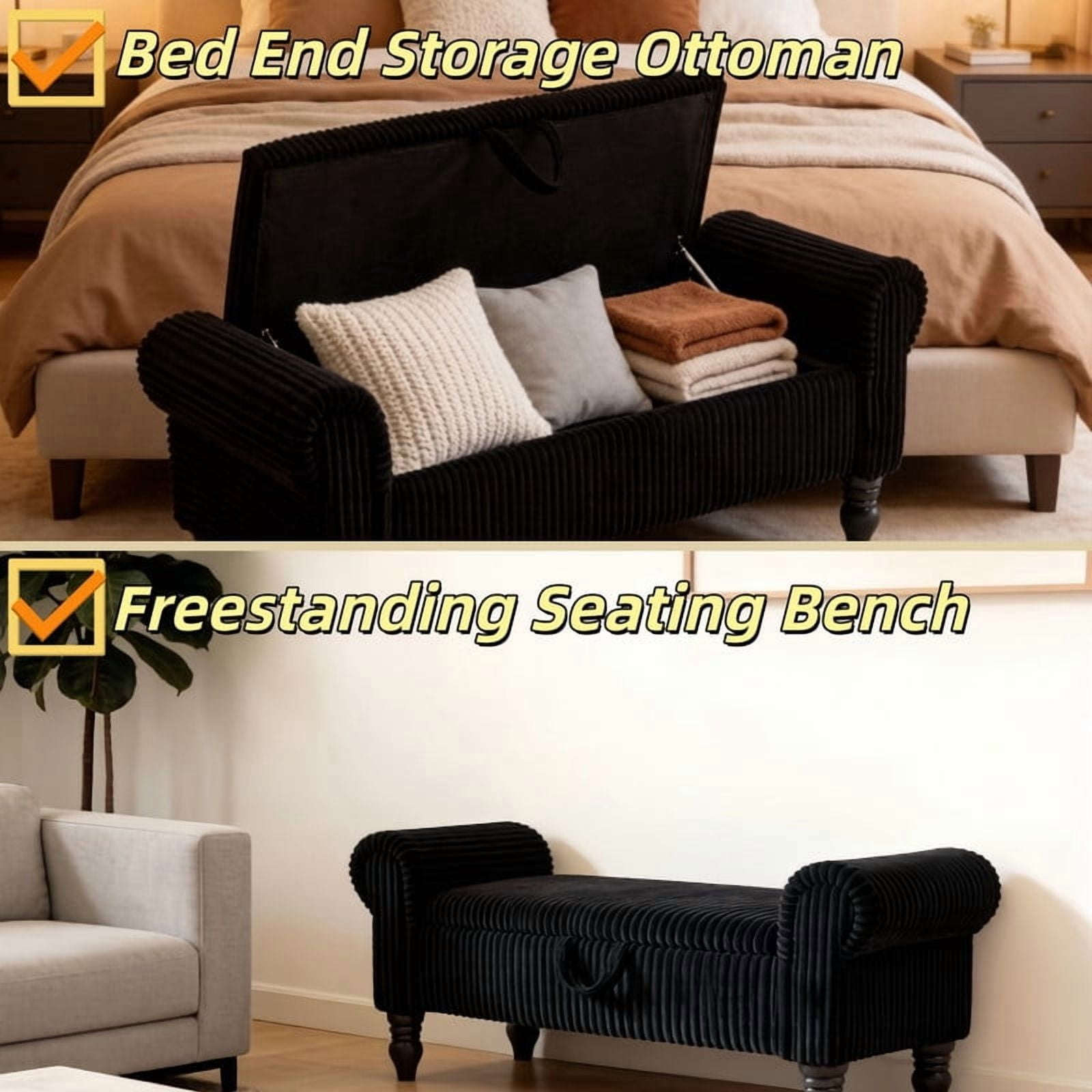 51.5'' Upholstered Storage Ottoman Bench with Hinged Lid, Freestanding Corduroy Bed End Bench, Hidden Storage Footrest