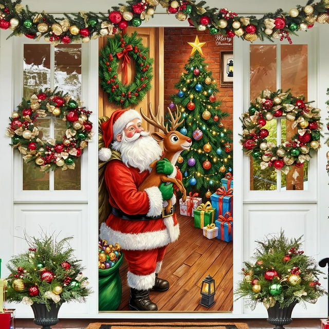 Funda de puerta navideña de 35x72 pulgadas - Cortina navideña para Santa Claus para decoración de puertas y paredes, tela de poliéster, fácil de instalar