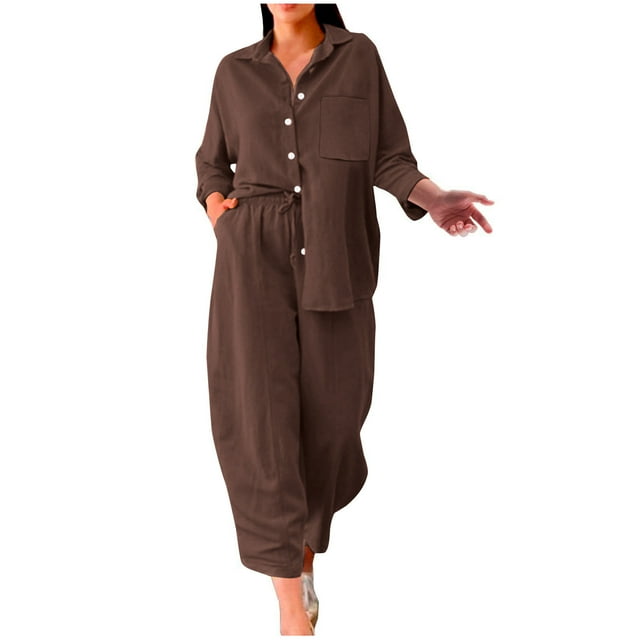 Yuyuzo Linen Sets for Women 2Pcs Outfit Long Sleeve Button down Oversize Shirt and Wide Leg Pants with Pockets