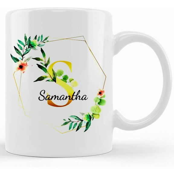 Name And Initial Floral Travel Mug Gift Idea For Best Friend, Gift Idea For Women Friends, Custom Initial Floral, Ceramic Novelty Coffee Mug, Tea Cup, Gift Present For Birth