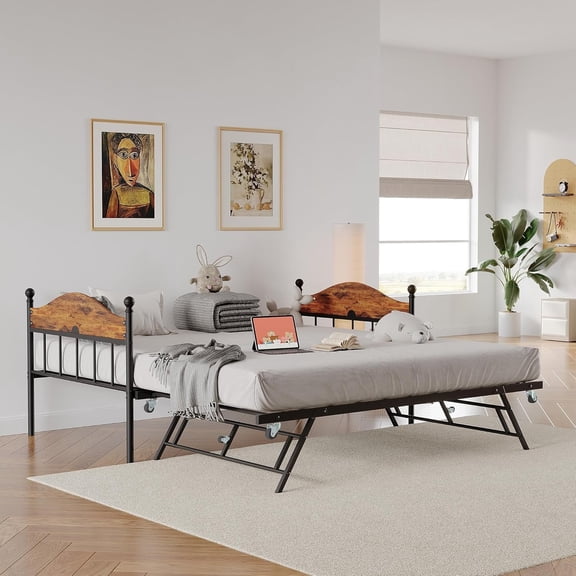 Memoryfield Twin Daybed with Pop-Up Trundle, Metal Frame with Stylish Headboard, Heavy Duty Steel Slats Platform, Convertible Sofa Bed for Living Room, Guest Room & Bedroom, Brown