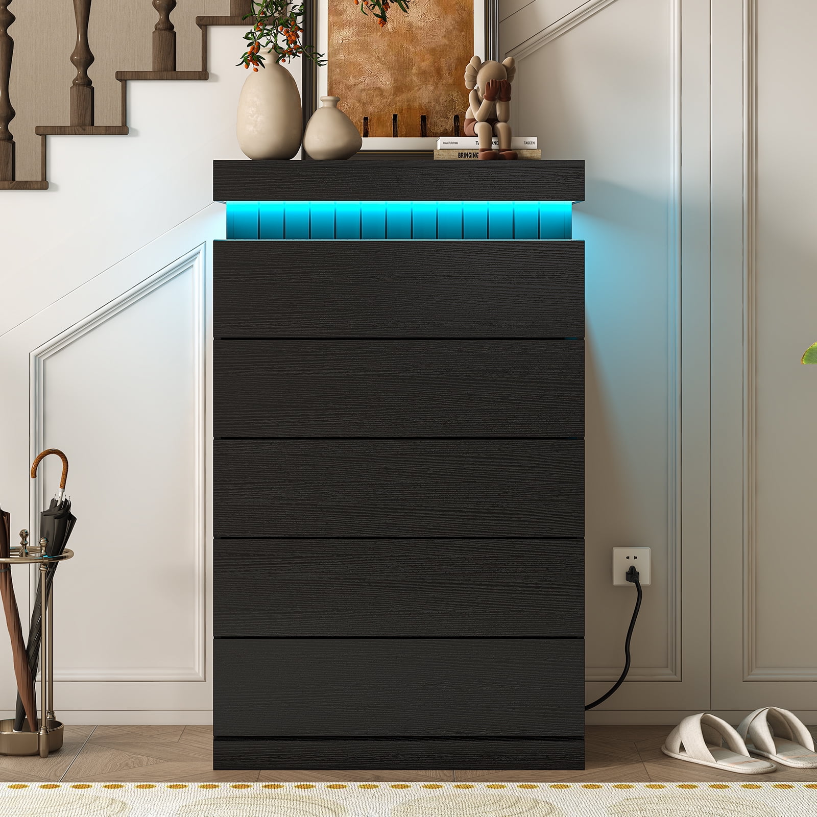 Tall Dresser with LED Light and Power Outlet, Modern 5 Drawers Floating Dressers, Chest of Drawer for Bedroom, Living Room, Hallway, Entryway, Black
