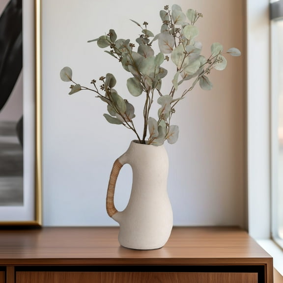 Boho Decorative Vase with Woven Cane Handle - Pottery & Ecomix Modern Rustic Home Decor for Living Room, Bedroom & Office - 13" Ivory & Tan