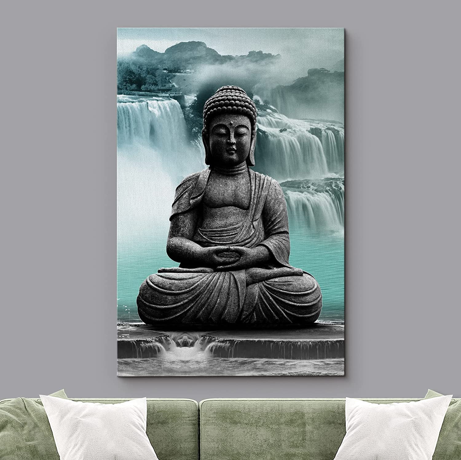 wall26 Canvas Print Wall Art Zen Buddha Statue Waterfall Landscape