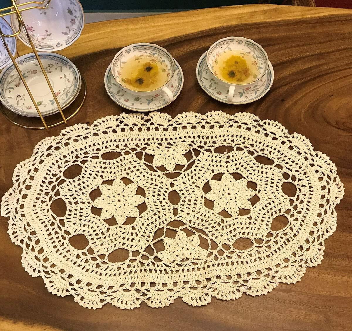 Damanni Handmade Crochet Cotton Table Runner - 24" X 63", Beige, Rectangular Lace Doily
