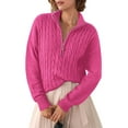 thumbnail image 2 of Women'S Sweaters Fall Winter Quarter Zip Casual Ribbed Cable Knit Pullover Bright Pink XXL, 2 of 8