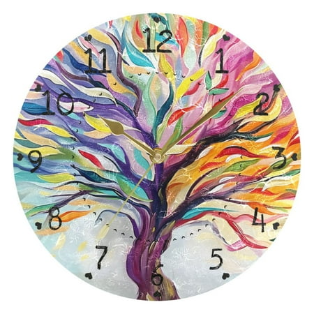 Colorful Tree Bright Color Leaves Round Wall Clock Silent Analog Battery Operated Gold Pointer Home Decor 9.84 Diameter