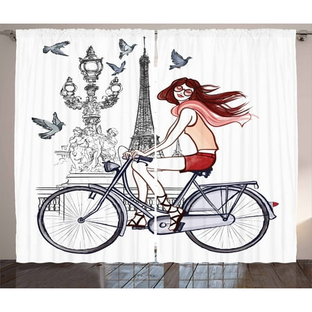 Bicycle Bridge For Windows 7 Eiffel Tower Curtains 2 Panels Set, Illustration of a Woman on Alexander III Bridge in Paris Riding a Bike, Window Drapes for Living Room Bedroom, 108W X 90L Inches, Grey Red Peach, by Ambesonne ()