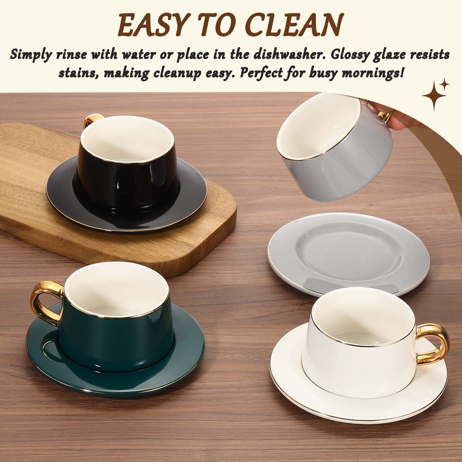 Uxcell 10oz Ceramic Coffee Mugs with Saucer Set, Creative Cute Cup with Handle Unique Irregular Design for Coffee Lovers Gift Tea Espresso Latte Kitchen Cafe Party Dishwasher, Navy Blue