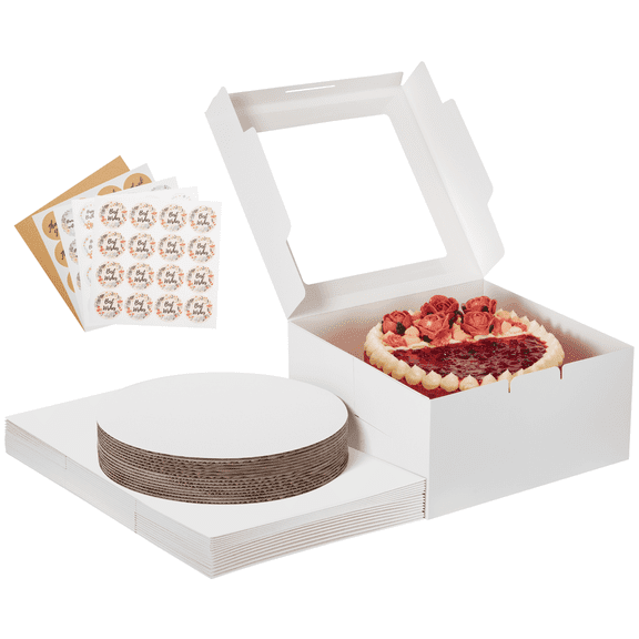 Kootek 15 Pcs Cake Boxes and Cake Boards, 10x10x5 Inches White Bakery Boxes with Window Round Cake Drum for Cake Decorating, Wedding, Birthday, Party