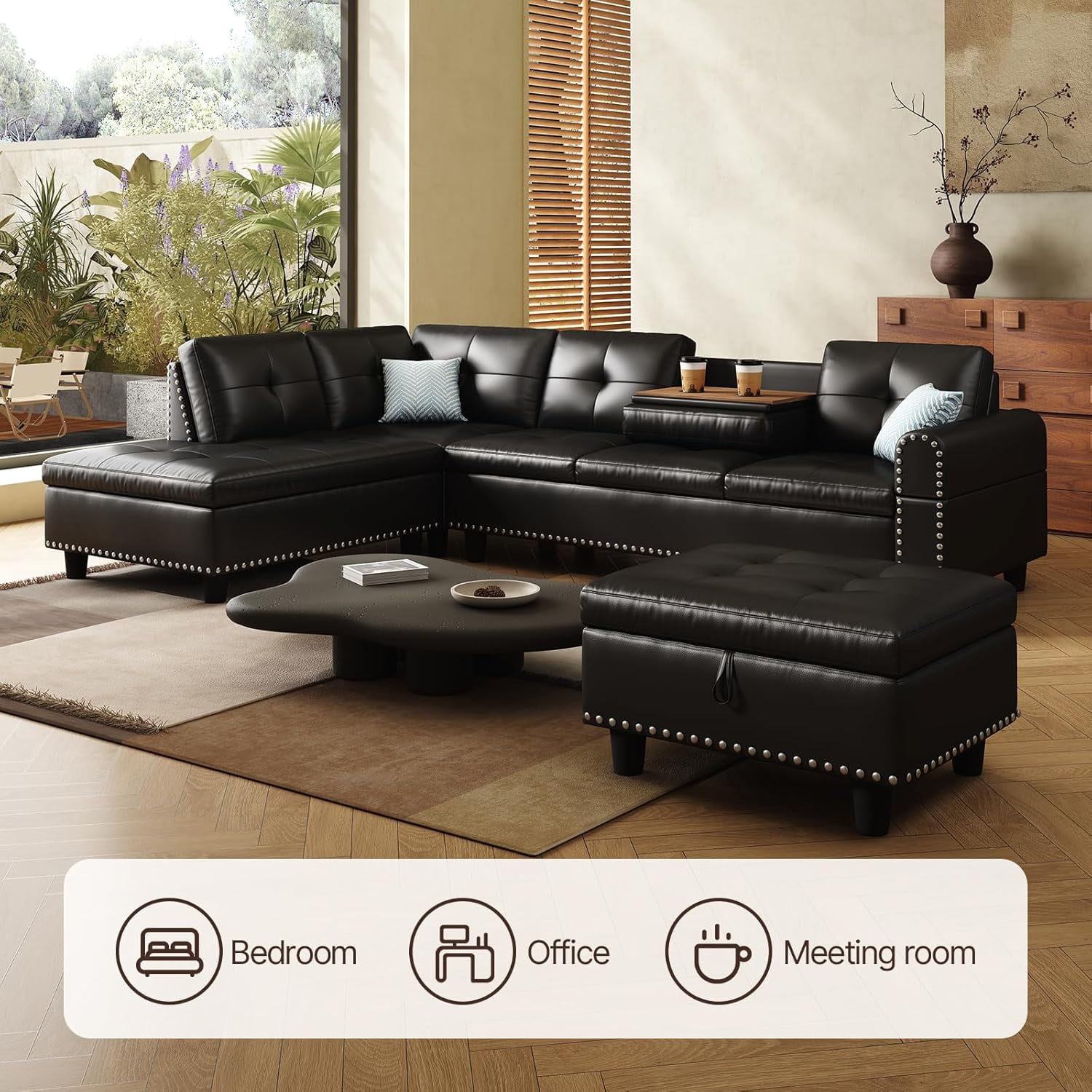 AENKYO 98" L-Shaped Sectional Sofa with Reversible Chaise, Storage Ottoman & Cup Holders, Faux Leather, Black