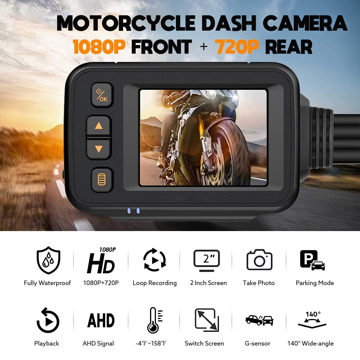 Dash Bikes1080p Waterproof Dual-channel Motorcycle Dash Cam With G-sensor  & Loop Recording