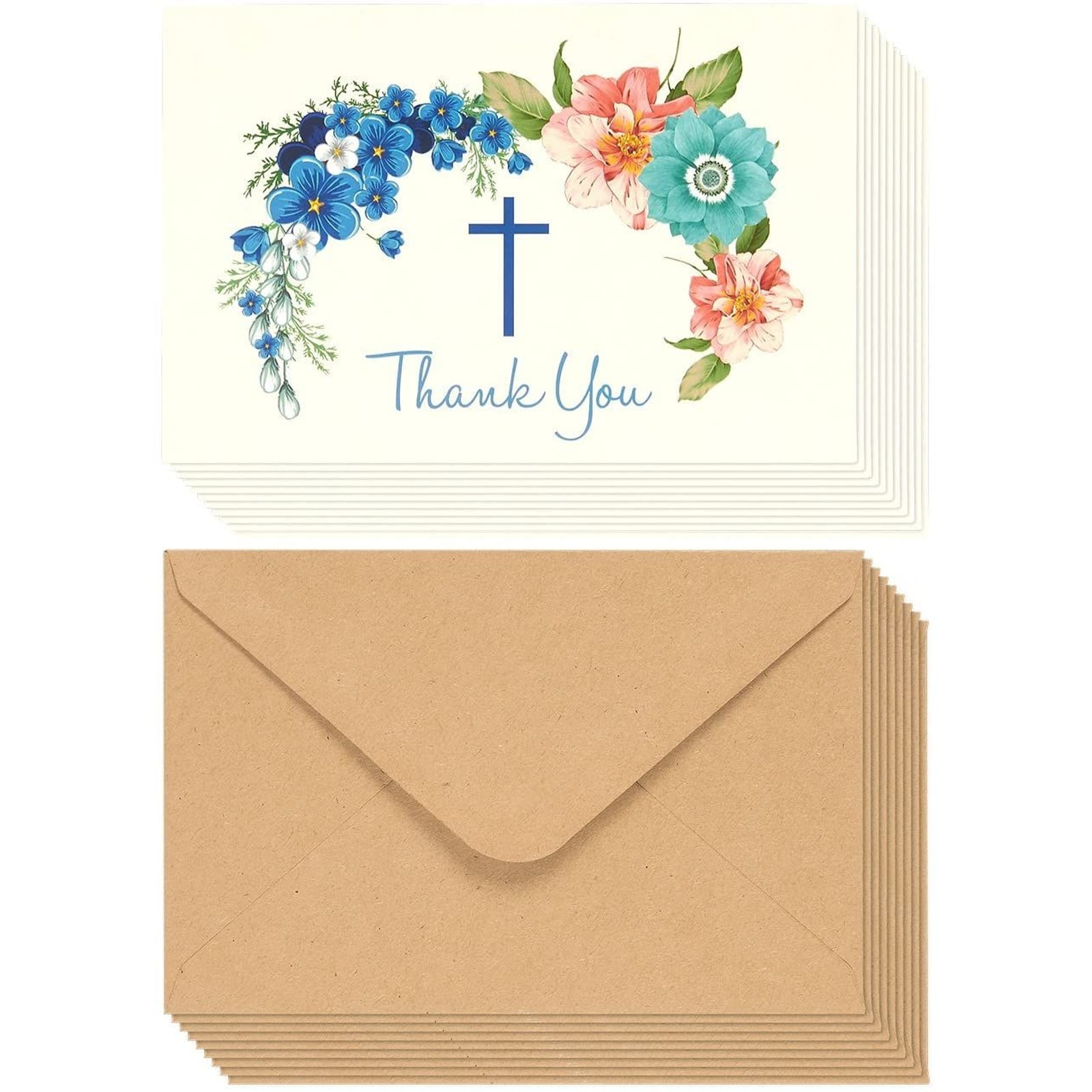 48-Count Thank You Cards with Envelopes, Blank Christian Thank You Greeting Notes Bulk Set Ideal for Christening, Communion Weddings and Religious Occasions, White Blue, 4 x 6 inches