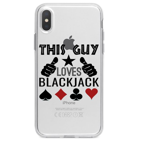 DistinctInk Clear Shockproof Hybrid Case for iPhone XS Max (6.5" Screen) - TPU Bumper Acrylic Back Tempered Glass Screen Protector - This Guy Loves Blackjack