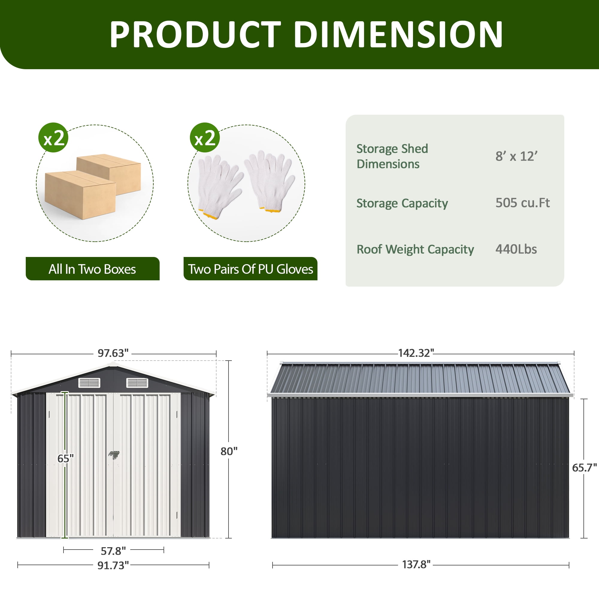 POLAHAKU 8'x12' Outdoor Metal Shed with Upgraded Frame Structure, Lockable Doors & Waterproof Design, Spacious Steel Storage Shed for Backyard, Patio, Lawn & Garden