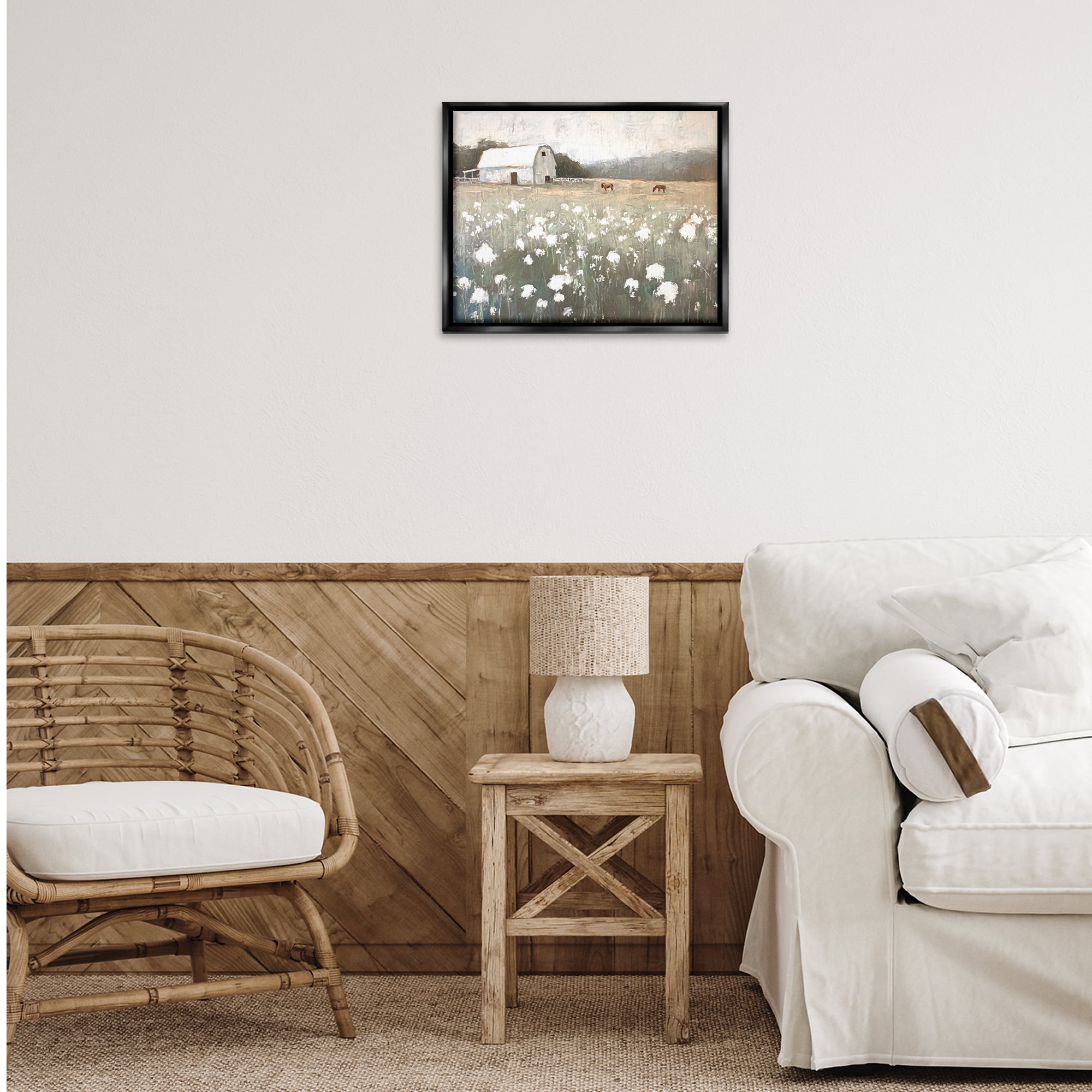 Stupell Industries Peaceful Horse Pasture Landscape Painting Black Floater Framed Canvas Art Print Wall Art, 21 x 17
