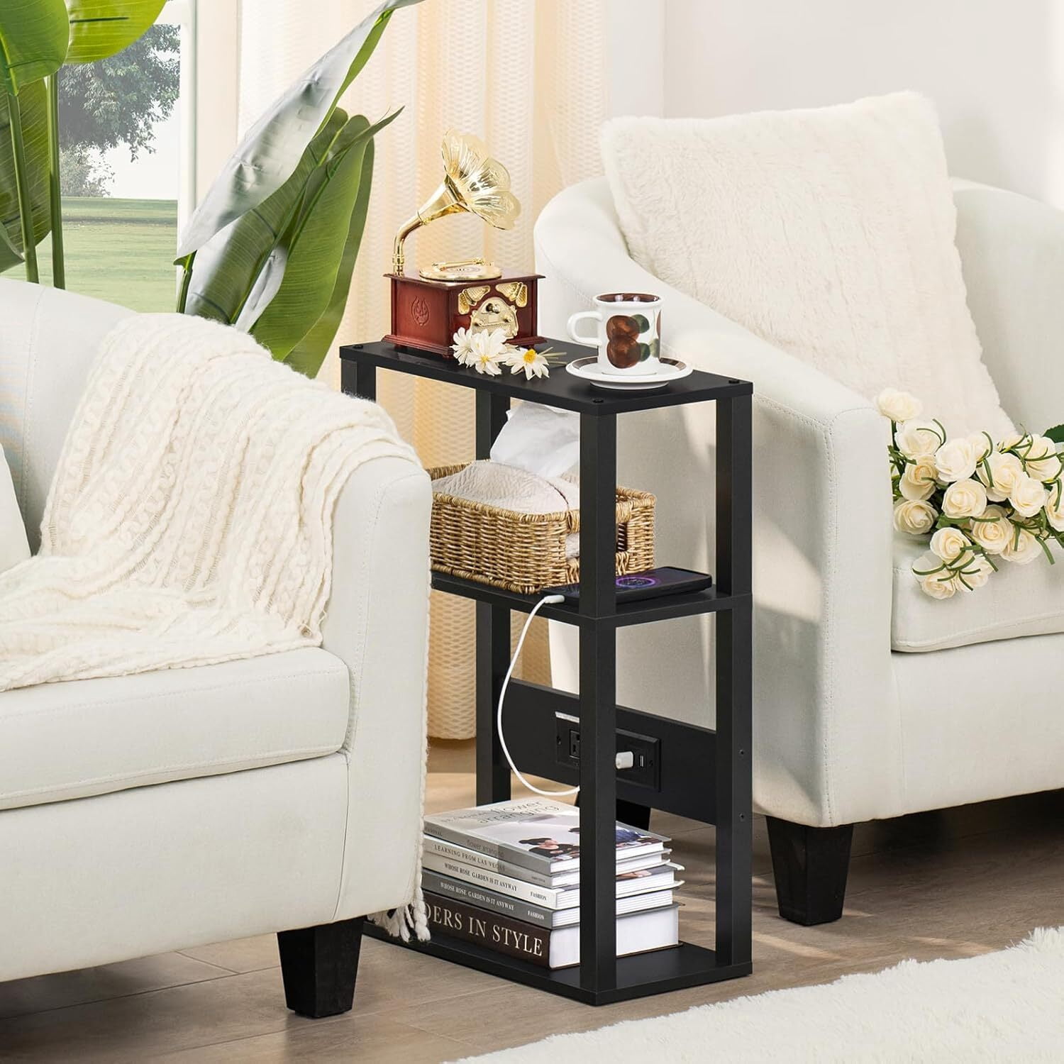Joaxswe End Table w/ Charging Station Set of 2, Narrow Side Table for Living Room, Black