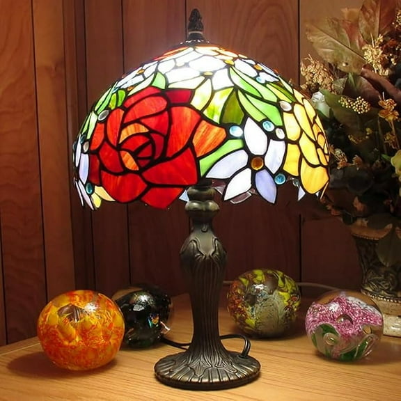 Tiffany Style Stained Glass Rose Flower Table Lamp with Antique Bronze Zinc Cast Base 16.5x10x10 inches Décor for Living Room, Bedroom, Office, & More