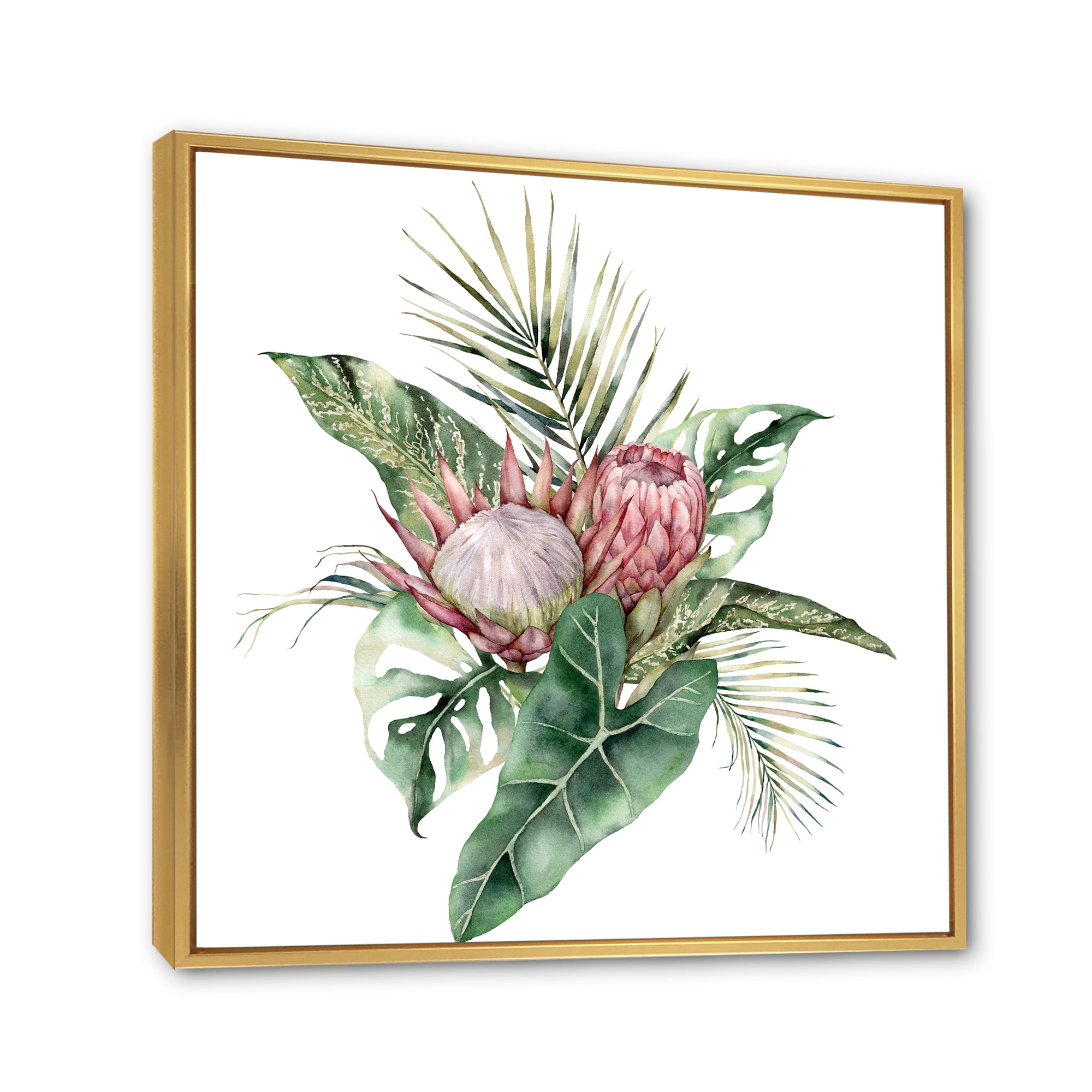 Queen Proteas Palm & Monstera Leaves 30 in x 30 in Framed Painting Canvas Art Print, by Designart