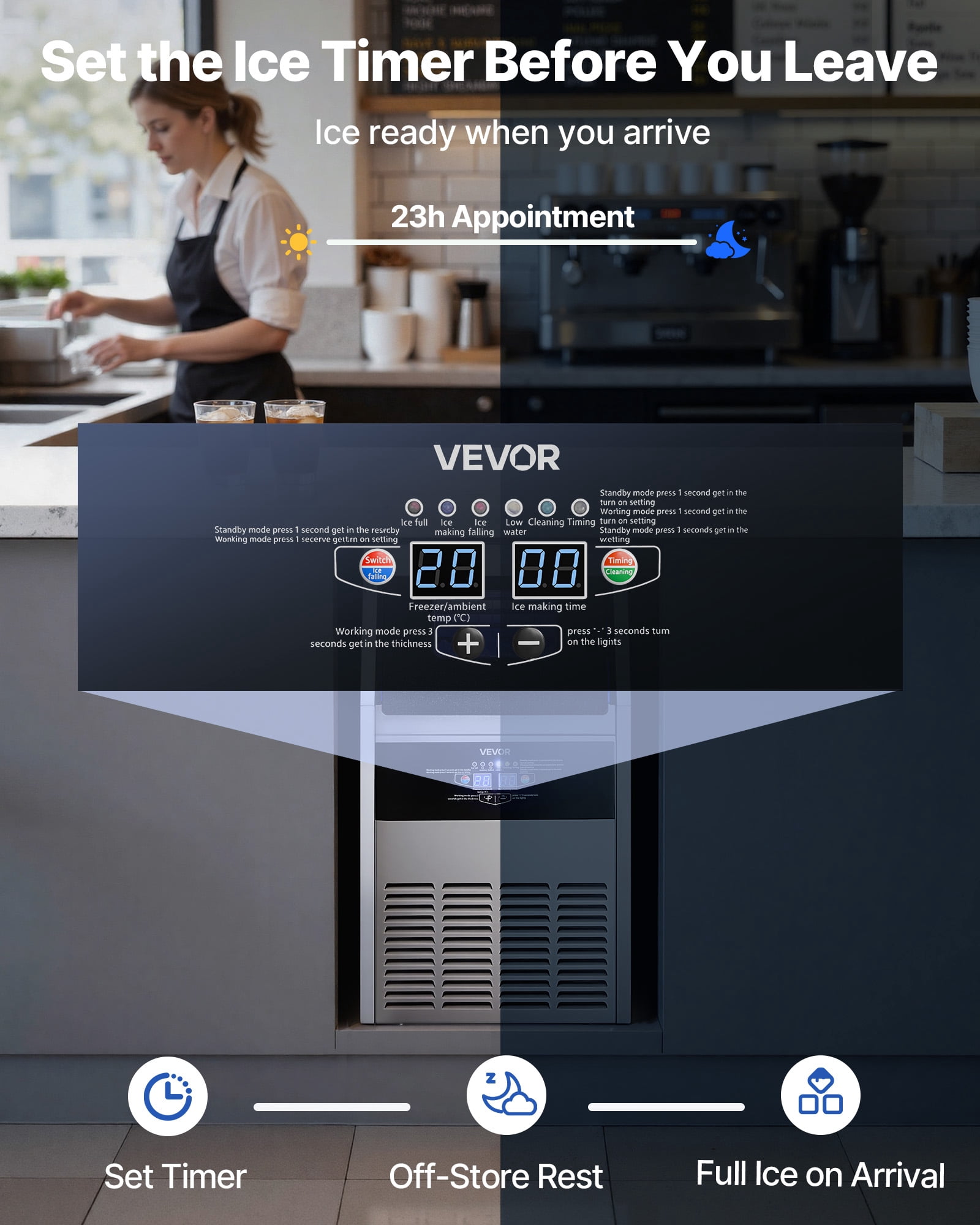 VEVOR Commercial Ice Maker Machine, 150 lbs/24h with 30 lbs Storage Capacity, Built-in/Freestanding/Under Counter, Stainless Steel Ice Maker with LED Display & Self-Cleaning, for Home Bar Restaurant