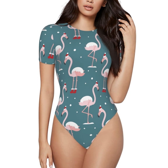 Naloa Flamingo Women's Short-Sleeved Onesie, One-Piece Swimsuit for Parties, dates, clubs - X-Large