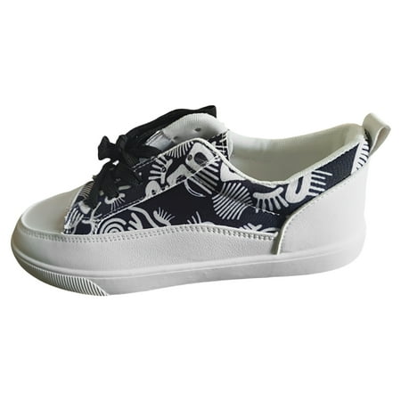 OJSFQUFP Women s Flats 2024 Spring and Autumn Single Shoes Printed Shoes Low Cut Lace Up Casual Large Women s Shoes Flat Bottom Student Shoes Casual Shoes Women Black 42