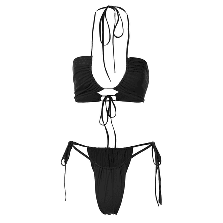 Womens Sexy Two Piece Bikini Suits Fashion Solid Color Halter Tops and Tie-up Mid-waist Thong