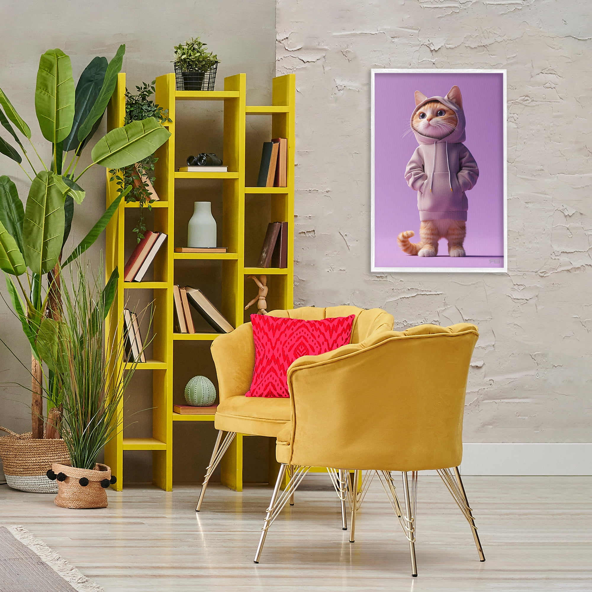 Stupell Industries Trendy Cat in Purple Animals & Insects Painting White Framed Art Print Wall Art, 20 x 30
