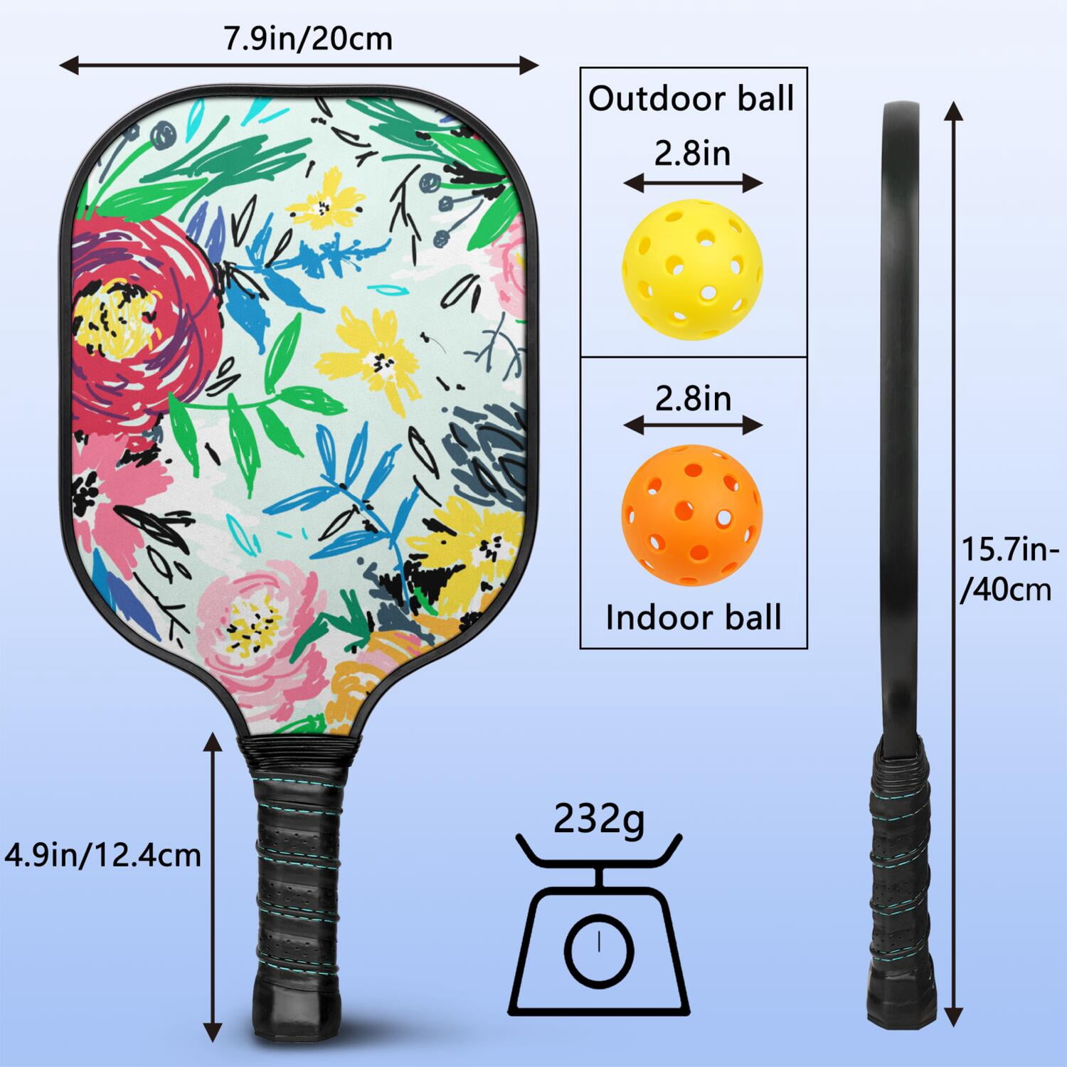 Pickleball Paddles Set Of 1, Fiberglass Surface, Vintage Floral Print, 1 Paddle, 2 Balls & Bag