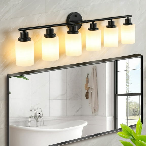 6-Light Black Bathroom Vanity Light with Frosted Glass Shades - Wall Mounted Mirror Lighting for Bathroom/Bedroom, E26 Socket (Bulbs Not Included)