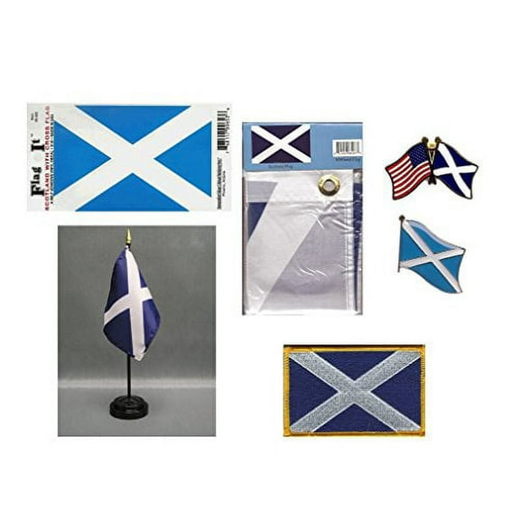 Scotland Cross Heritage Flag Pack - Includes a Scottish Cross 3x5' Flag, Vinyl Flag Decal, One Single & One Double Friendship Flag Lapel Pin, Miniature Desk Flag with Stand & One Iron-On Flag Patch