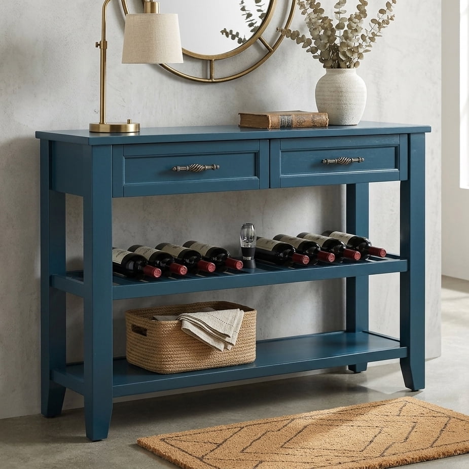 Aukfa 42" Console Table with 2 Drawers, Entryway Sofa Table for Living Room, Long Wooden Hallway Side Table,Navy Blue