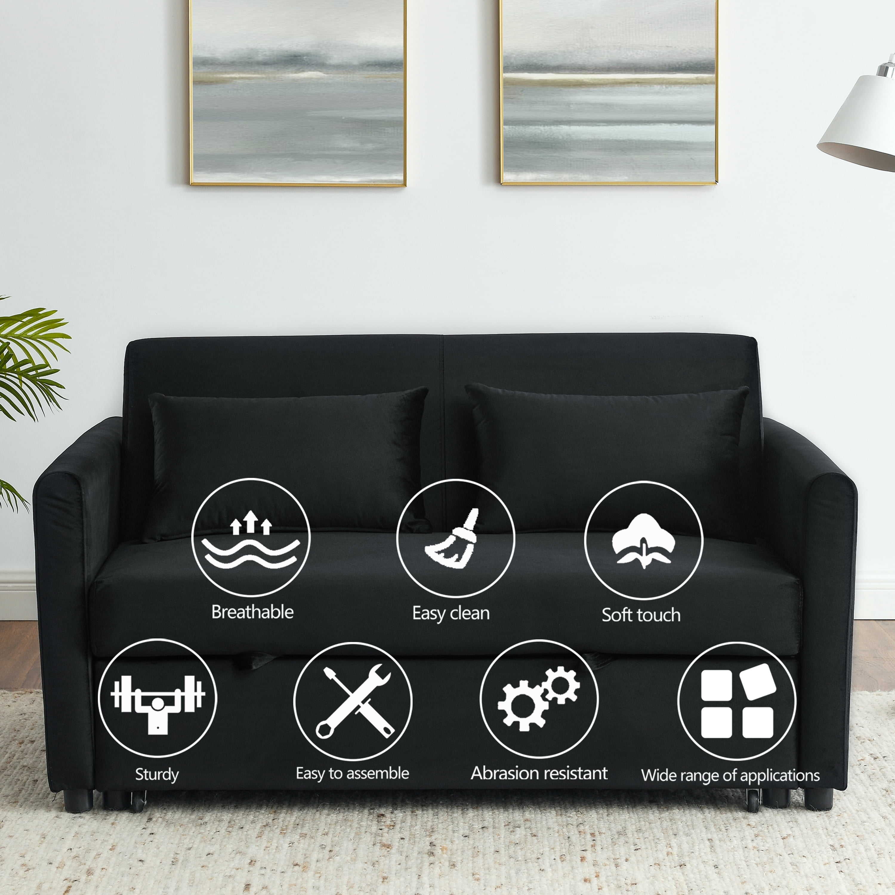 Momspeace Pull Out Sofa Bed Sleeper Sofa Couch Sofa Bed with Adjustable Backrest Velvet Loveseat For Living Room - Black