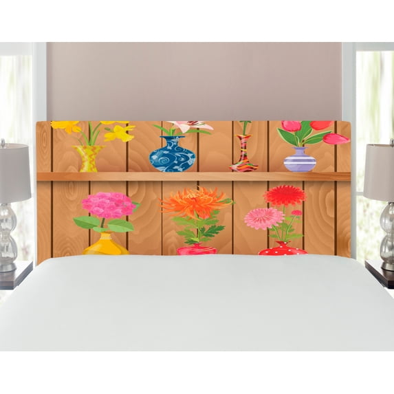 Daffodil Headboard, Glass Vases Colorful Flowers on Wooden Shelves Pastel Effects Graphic, Upholstered Decorative Metal Bed Headboard with Memory Foam, Full Size, Multicolor, by Ambesonne